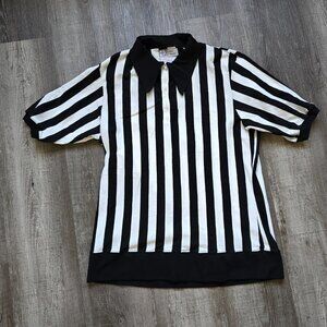 Vintage Referee Shirt Mens Large Black Stripes 70s Sand Knit 1/4 Zip Cosplay